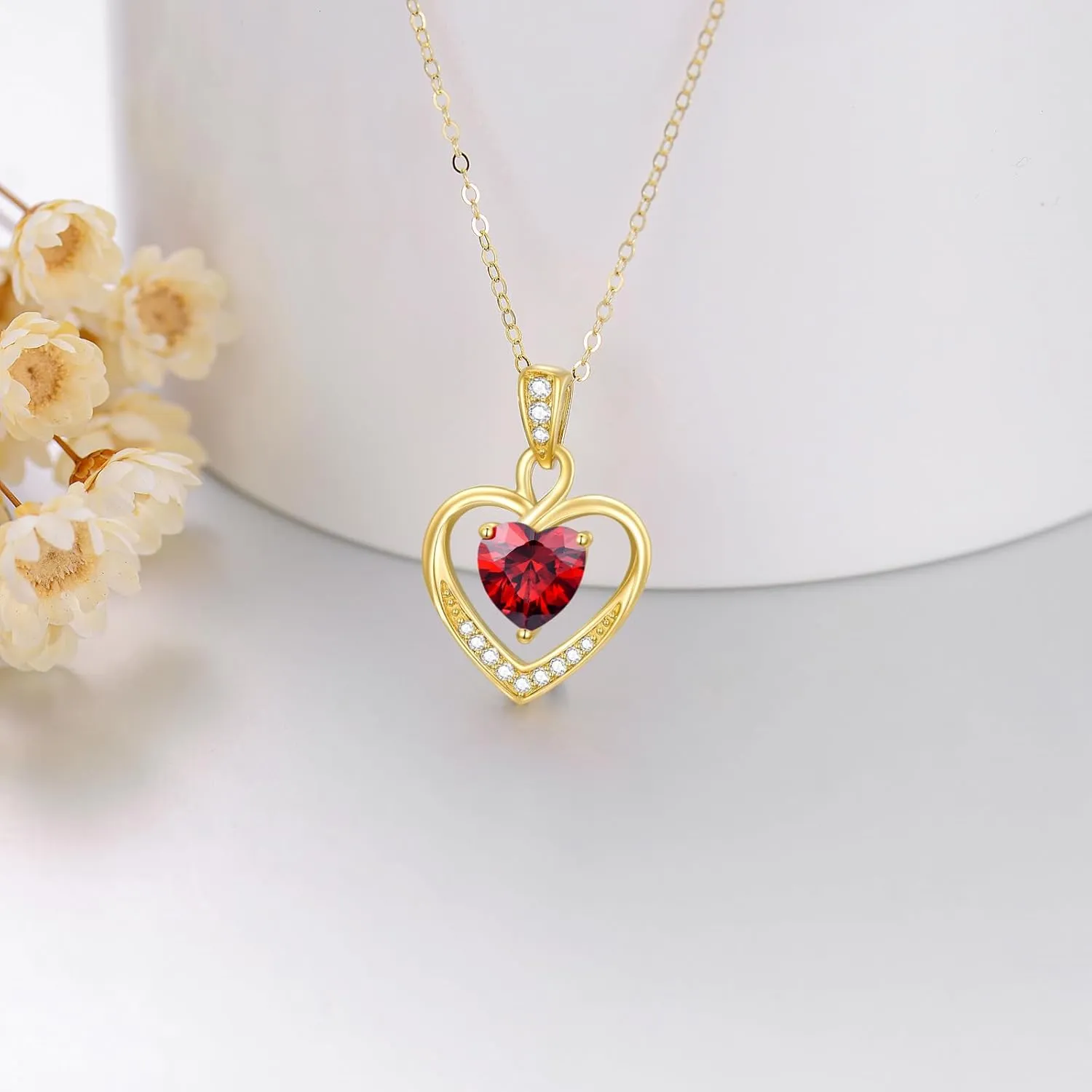 14K Gold Birthstone Heart Necklace for Women, Dainty Yellow Gold Colored Gemstone Love Heart Pendant Forever Love Jewelry Gift for Her,Mom, Wife 16"-18"