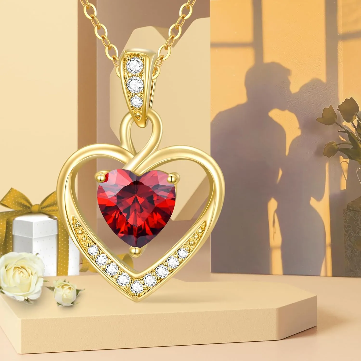 14K Gold Birthstone Heart Necklace for Women, Dainty Yellow Gold Colored Gemstone Love Heart Pendant Forever Love Jewelry Gift for Her,Mom, Wife 16"-18"