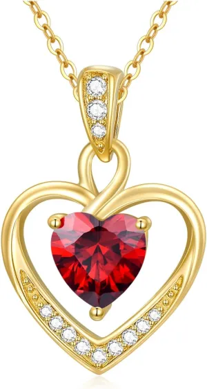 14K Gold Birthstone Heart Necklace for Women, Dainty Yellow Gold Colored Gemstone Love Heart Pendant Forever Love Jewelry Gift for Her,Mom, Wife 16"-18"
