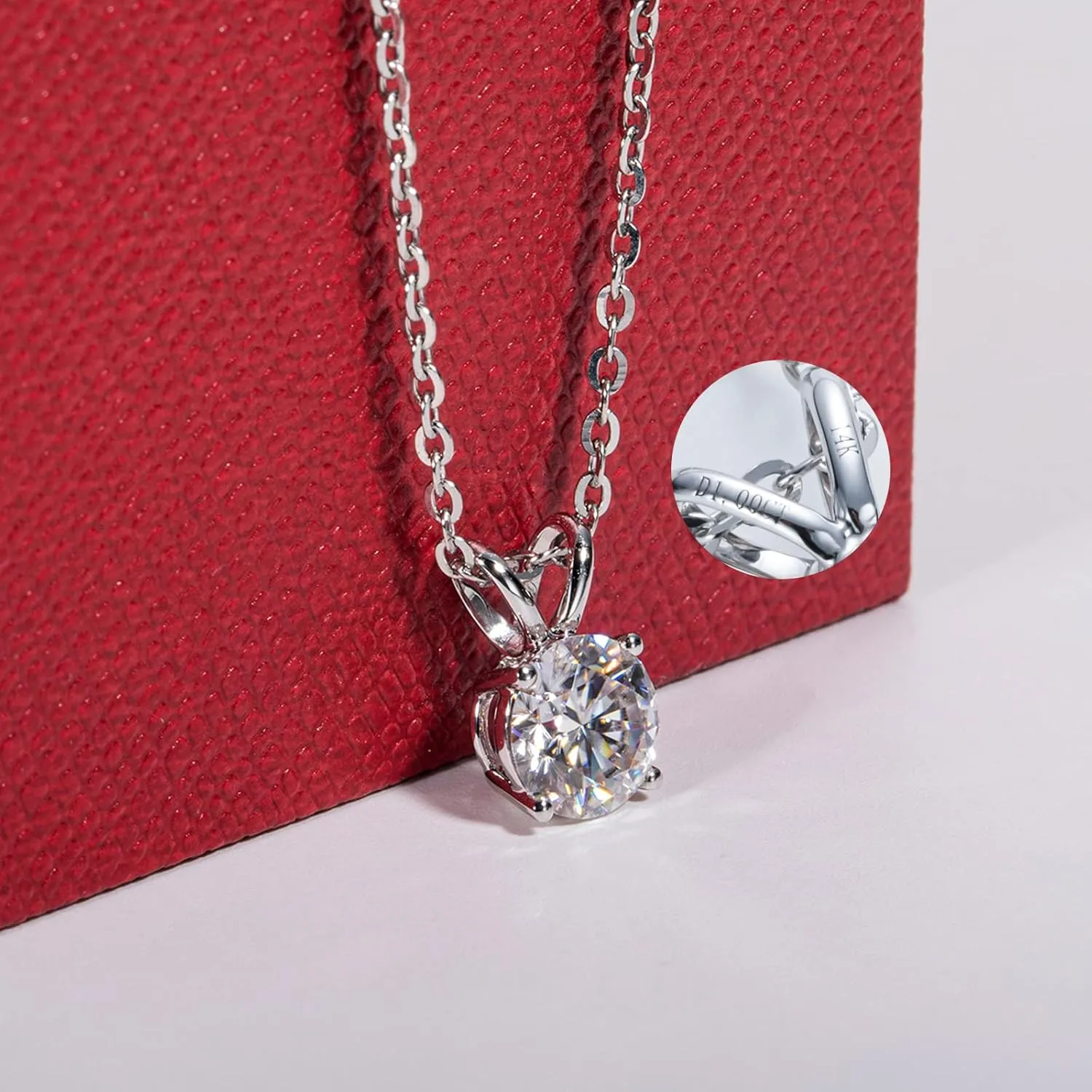 14K Solid White Gold Moissanite Pendant Necklace for Women, 1-2 Carats D Color & Flawless Moissanites, 40 2 3mm Adjustable Matched Color Sterling Silver Chain, Elegant Jewelry Box Packed