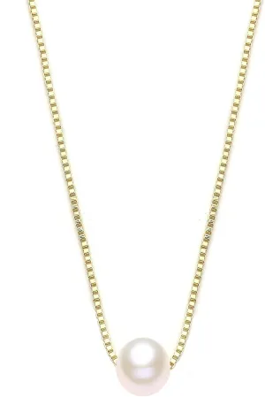 14K Yellow Gold Pearl Necklace for Women, Real Gold Durable Box Chain with Single Cultured Pearl Pendant Necklace Anniversary Birthday Gift for Her, Wife, Mother, Girl 18 Inch
