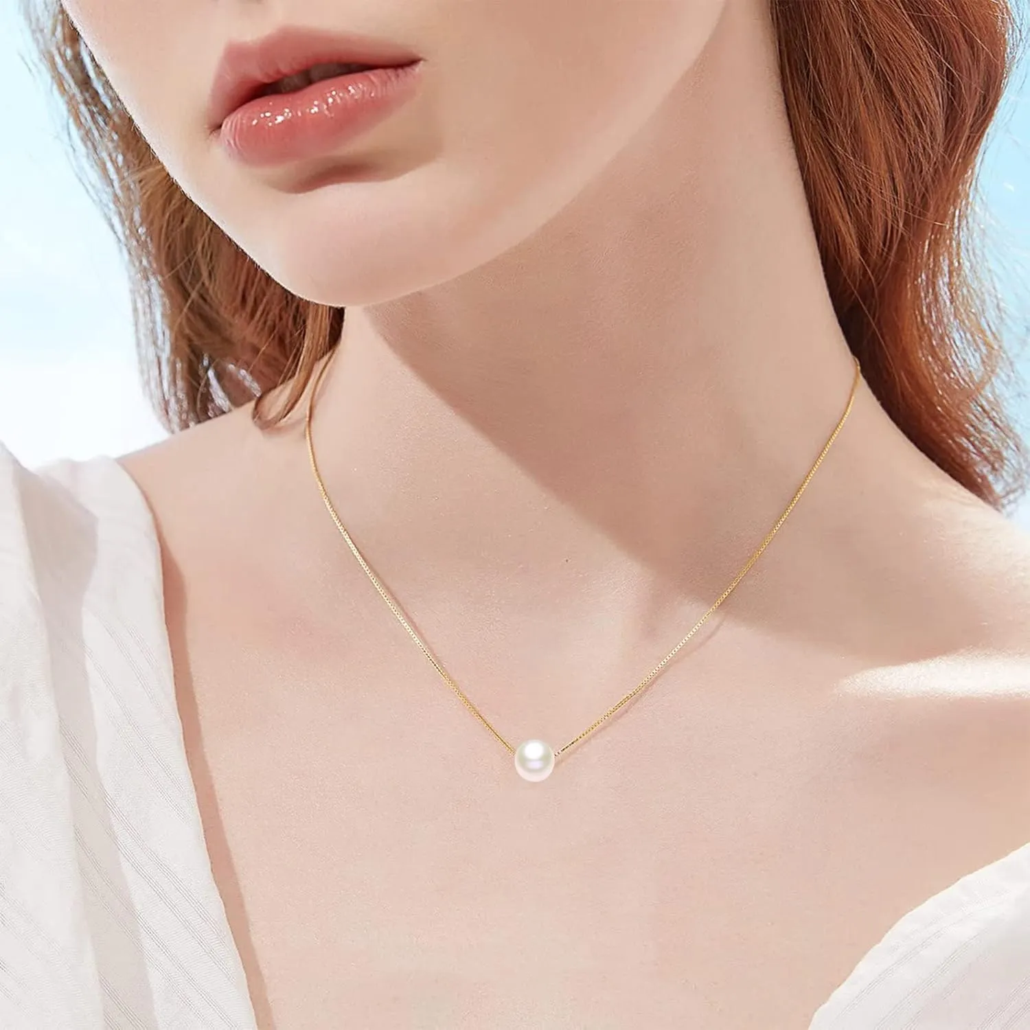 14K Yellow Gold Pearl Necklace for Women, Real Gold Durable Box Chain with Single Cultured Pearl Pendant Necklace Anniversary Birthday Gift for Her, Wife, Mother, Girl 18 Inch