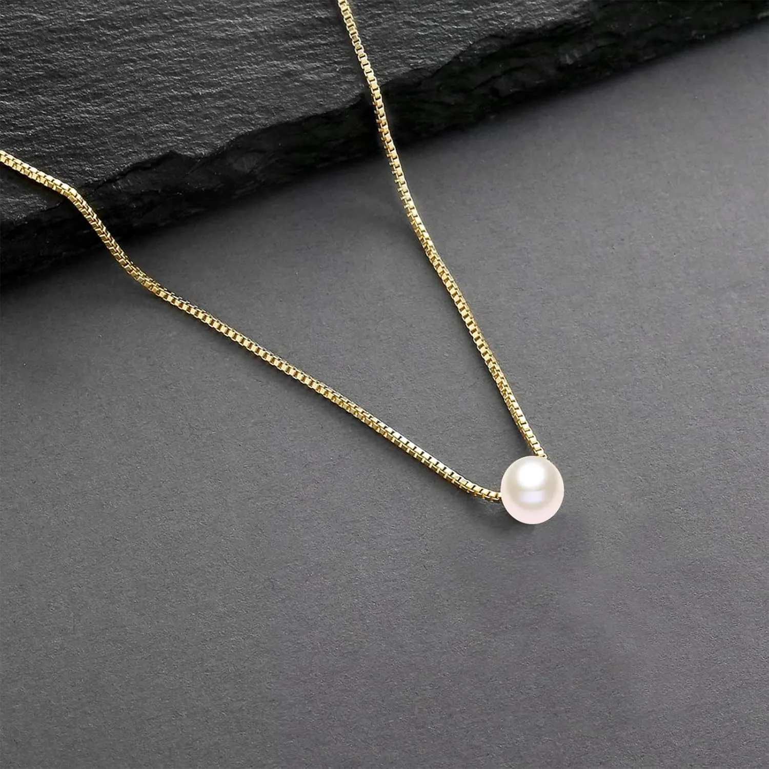 14K Yellow Gold Pearl Necklace for Women, Real Gold Durable Box Chain with Single Cultured Pearl Pendant Necklace Anniversary Birthday Gift for Her, Wife, Mother, Girl 18 Inch