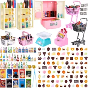 163 Pcs Mini Supermarket Playset Miniature Fridge Food Drink Bottle Supermarket Shelves Cash Register Double Layer Handcart Toys for Dollhouse Pretend Play Cosplay Game Party