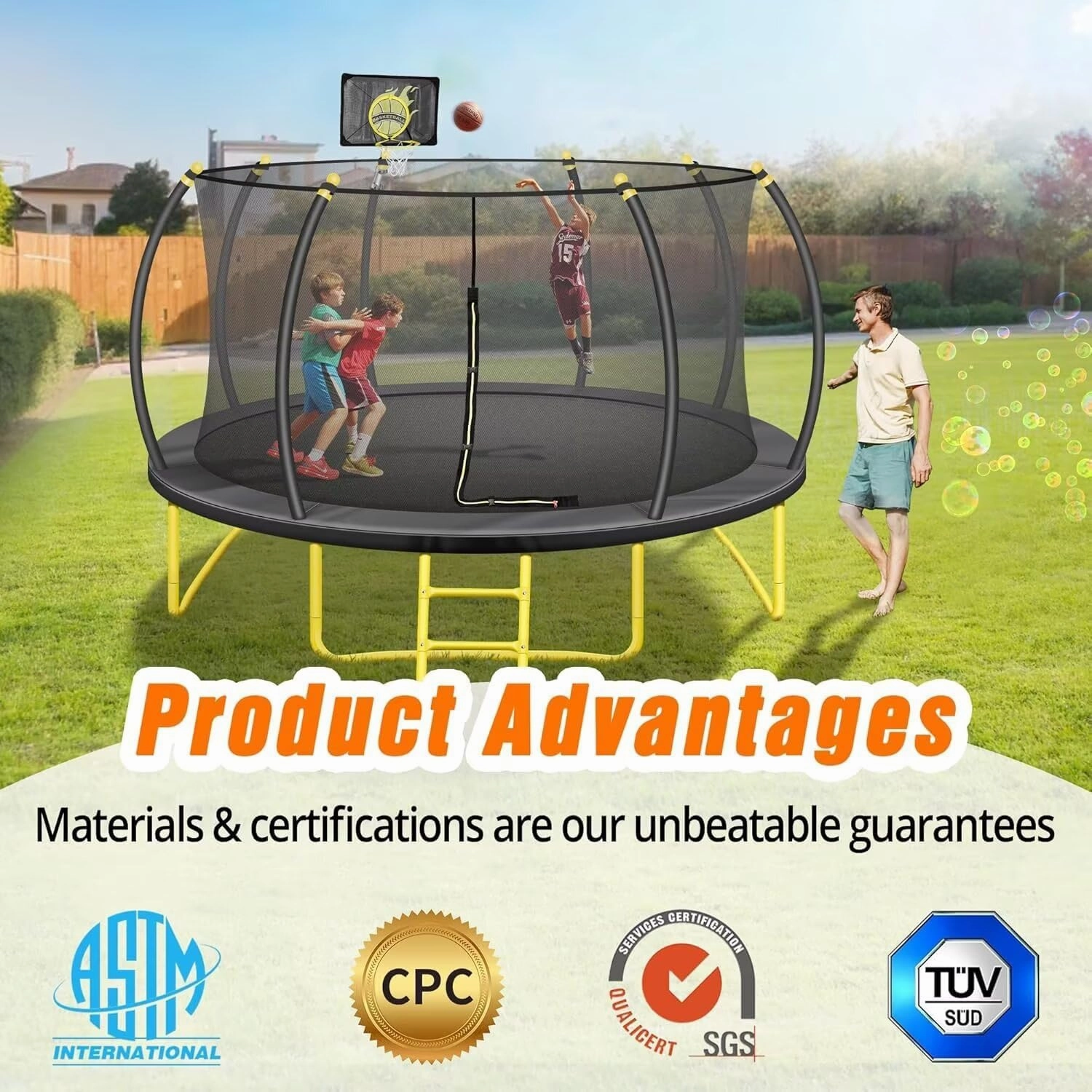 16FT Pumpkin Trampoline with Basketball Hoop, Enclosure Net and Ladder, ASTM Approved Outdoor Recreational Trampoline for Kids and Adults