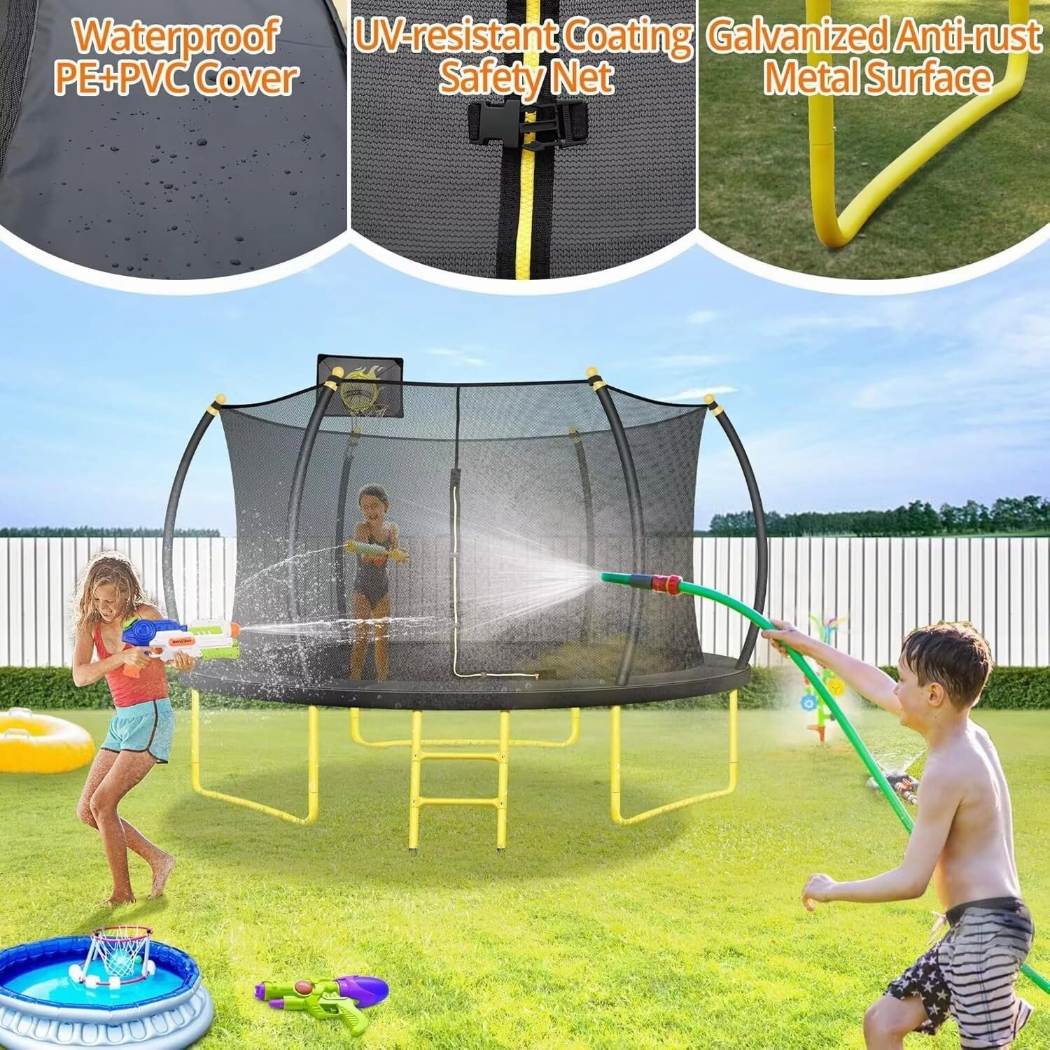 16FT Pumpkin Trampoline with Basketball Hoop, Enclosure Net and Ladder, ASTM Approved Outdoor Recreational Trampoline for Kids and Adults