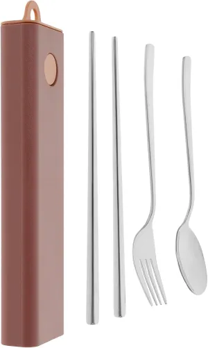 1set Portable Travel Tableware Set Stainless Steel Utensils Case Fork Spoon Chopsticks for Camping Picnics Hiking Outdoor Activities Lightweight Reusable