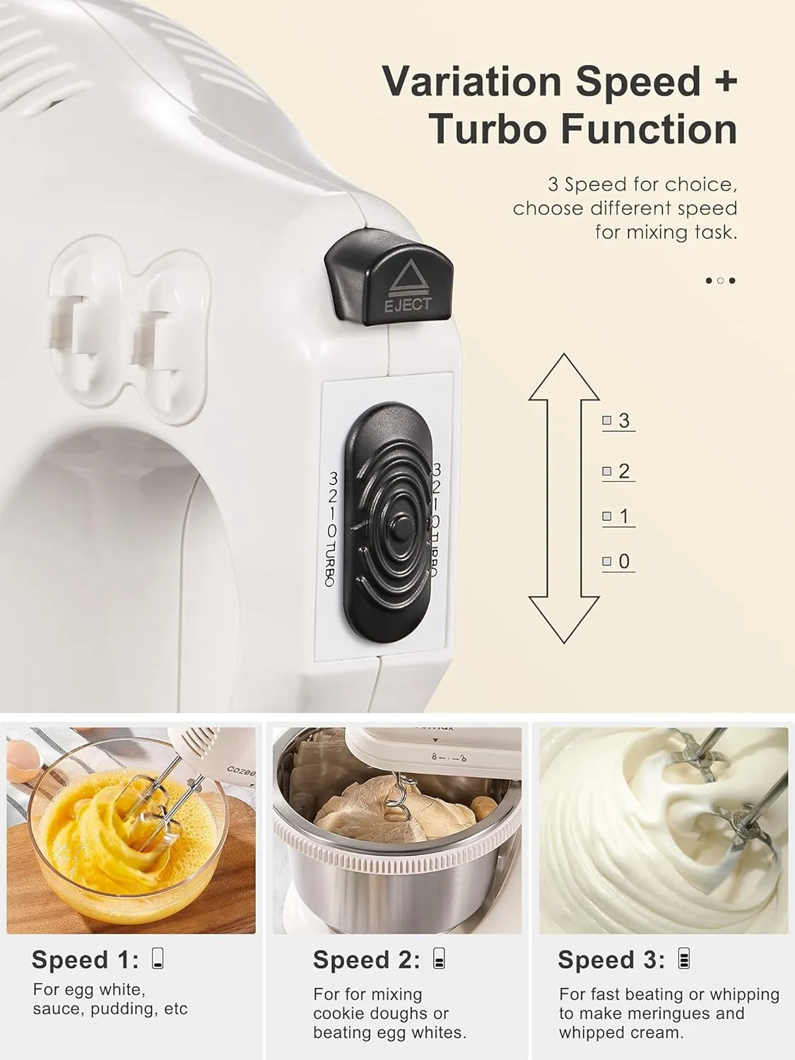 2 in 1 Hand Mixers Kitchen Electric Stand mixer with bowl 3 Quart, electric mixer handheld for Everyday Use, Dough Hooks & Mixer Beaters for Frosting, Meringues & More (White-S)