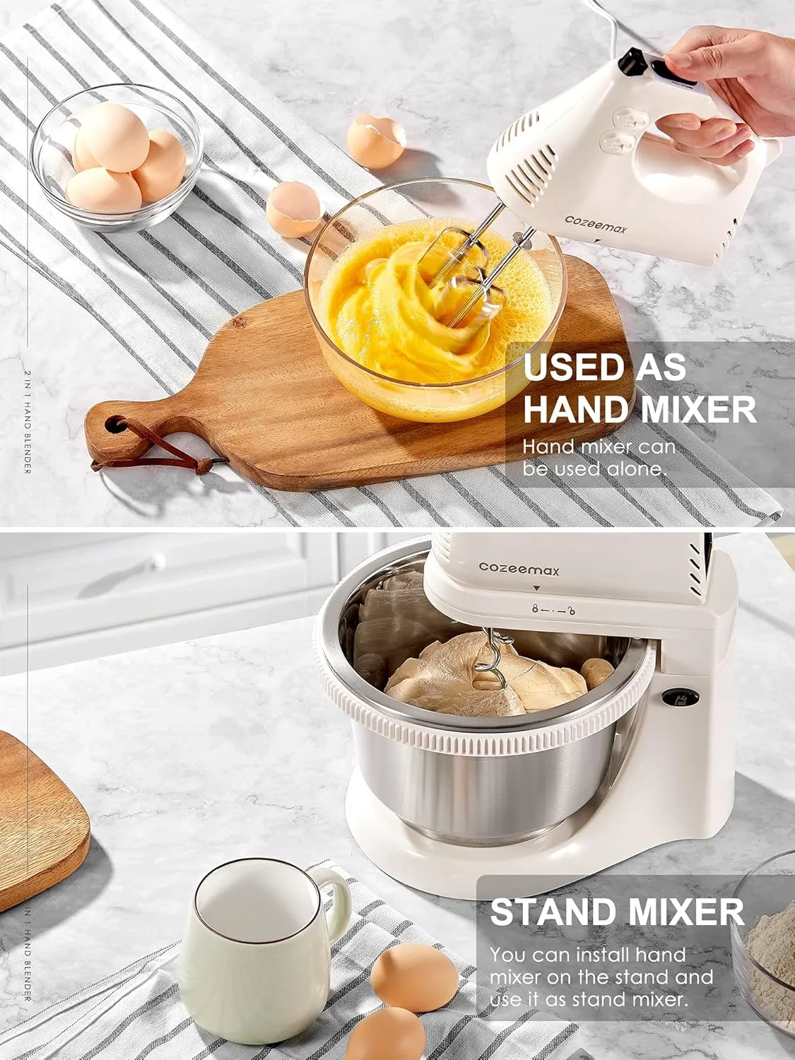 2 in 1 Hand Mixers Kitchen Electric Stand mixer with bowl 3 Quart, electric mixer handheld for Everyday Use, Dough Hooks & Mixer Beaters for Frosting, Meringues & More (White-S)