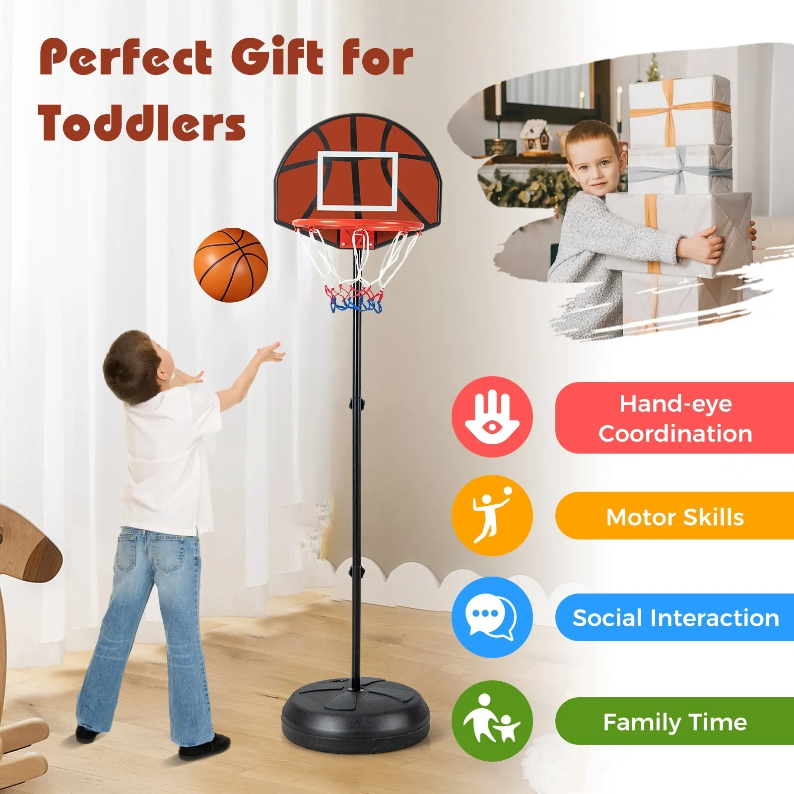 2-in-1 Height Adjustable Kids Basketball Hoop with Dart Board