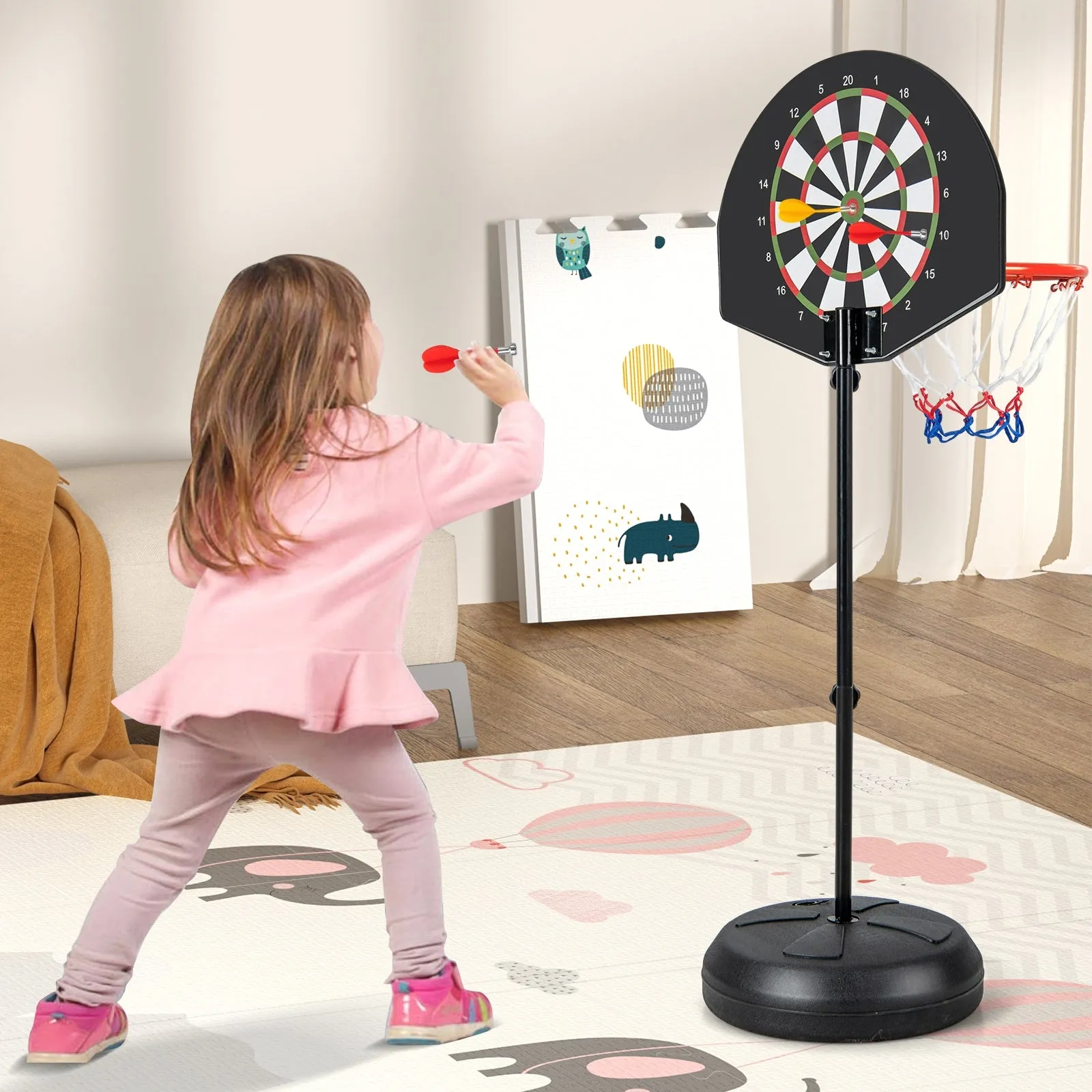 2-in-1 Height Adjustable Kids Basketball Hoop with Dart Board