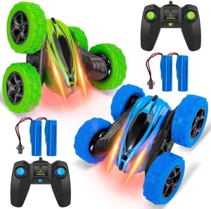 2-Pack 2.4GHz RC Stunt Cars for Kids - High Speed Rock Crawler Vehicles with 360° Rotation, 4WD, Double-Sided Tumbling, and 4 Rechargeable Batteries