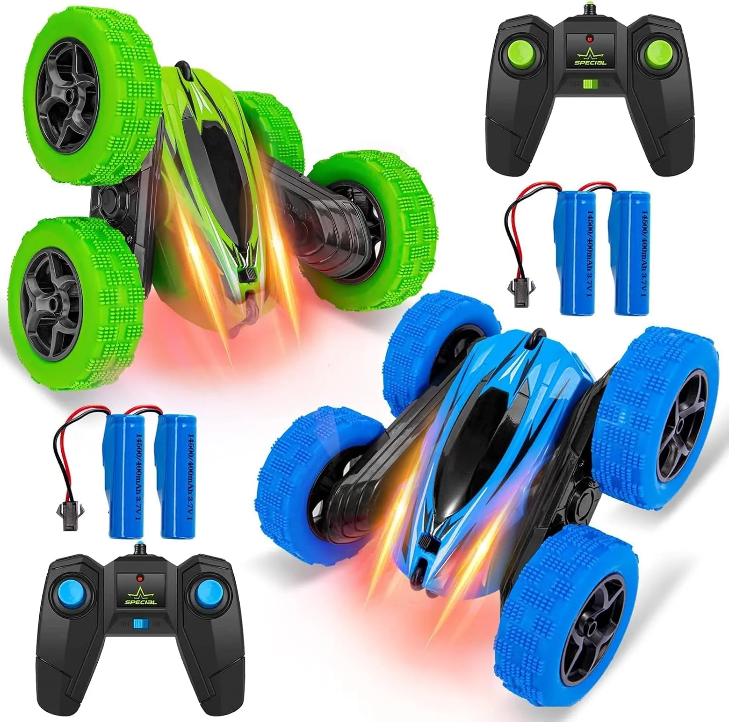 2-Pack 2.4GHz RC Stunt Cars for Kids - High Speed Rock Crawler Vehicles with 360° Rotation, 4WD, Double-Sided Tumbling, and 4 Rechargeable Batteries