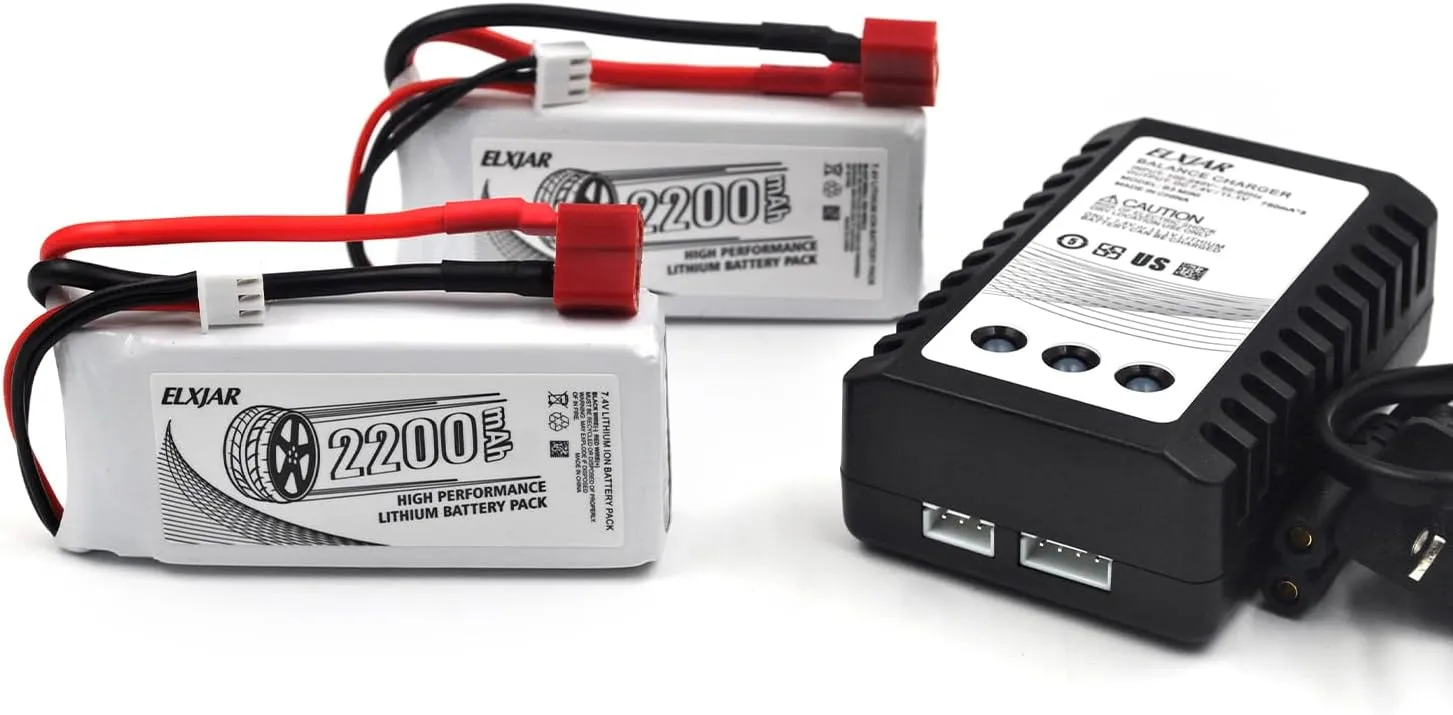 (2-Pack) 7.4V 2200mAh 2S 50C Shorty LiPo Battery with T Plug Soft Pack for 1/16 RC Car Truck Airplane Helicopter Quadcopter Drone Boat MJX 16207 16208 16209 16210