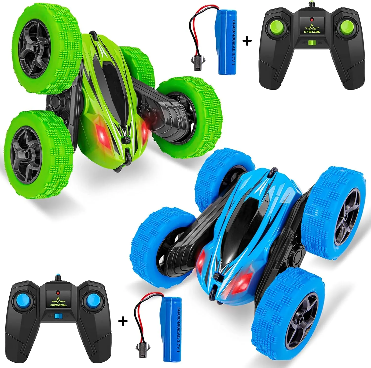 2 Pack Remote Control Car, RC Stunt Cars for Boys, 4WD 2.4Ghz Double Sided 360° Rotating RC Car for Kids, 4 Rechargeable Battery, Blue Green