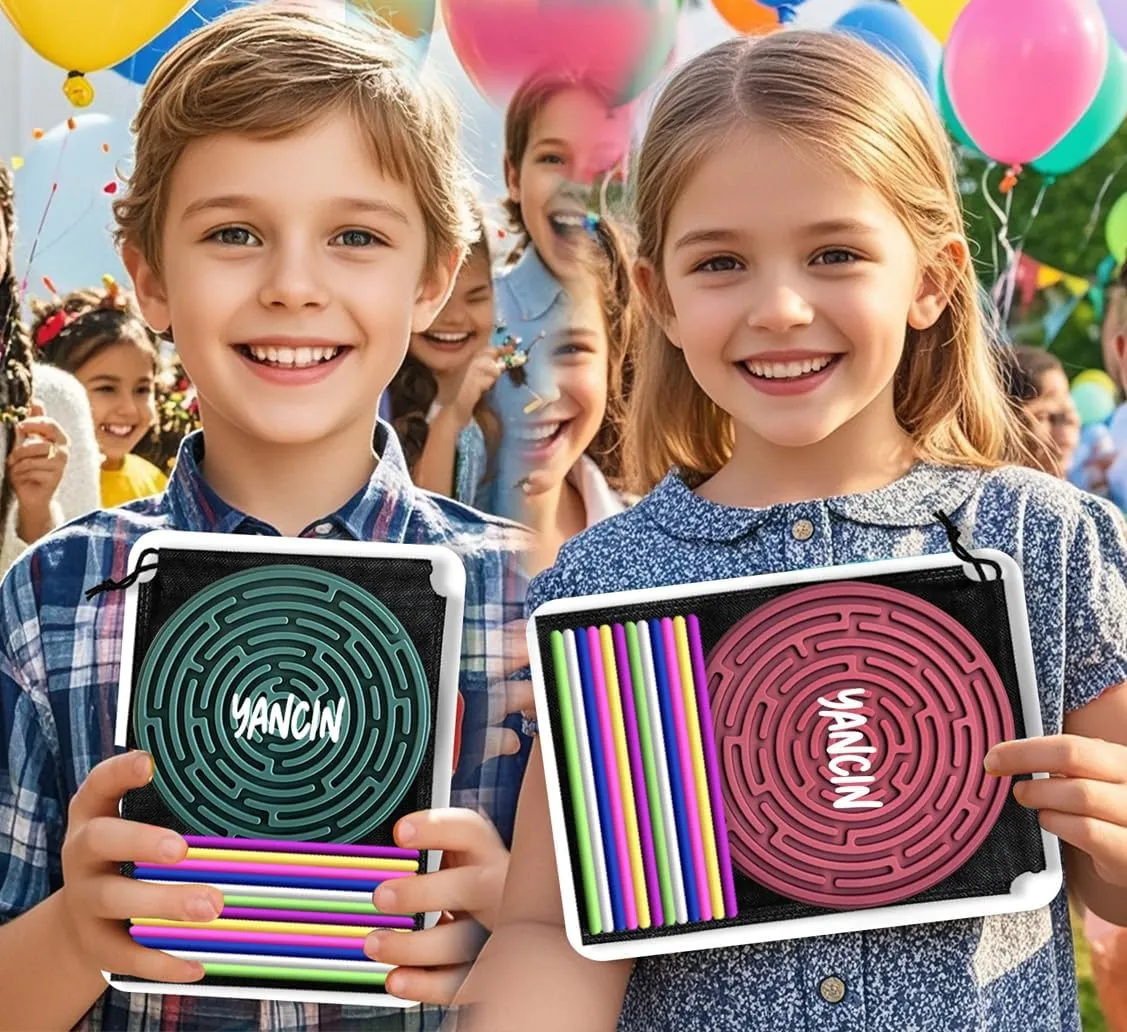 2 Pack Sensory Activity Board - Double-Sided Silicone Fidget Toys for Stress Relief, Anxiety, ADHD and Calming Down Autism Sensory Products for Kids 3  & Adults. Travel Bag and 12 Strings