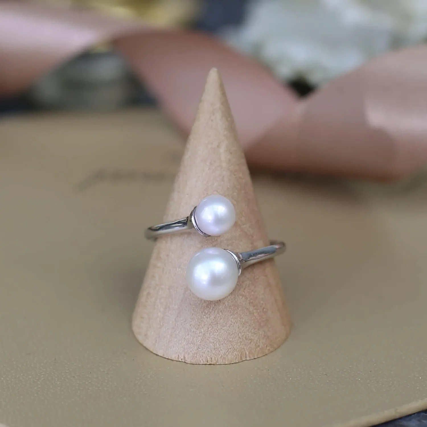 2 Pearl Ring Sterling Silver Double Pearls Rings for Women 925 Adjustable Open June Birthstone Rings for Teen Girls with Real Round Genuine Freshwater Cultured Stackable
