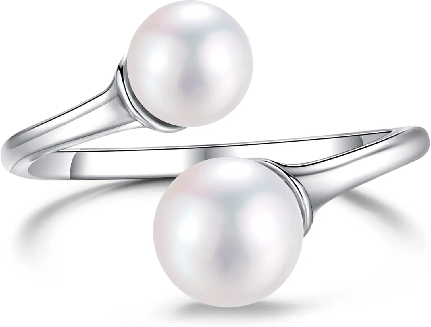2 Pearl Ring Sterling Silver Double Pearls Rings for Women 925 Adjustable Open June Birthstone Rings for Teen Girls with Real Round Genuine Freshwater Cultured Stackable