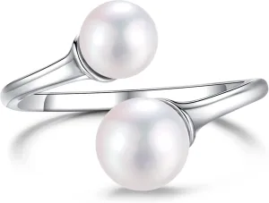 2 Pearl Ring Sterling Silver Double Pearls Rings for Women 925 Adjustable Open June Birthstone Rings for Teen Girls with Real Round Genuine Freshwater Cultured Stackable