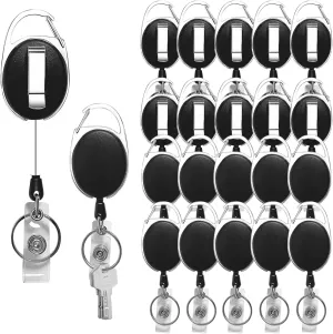 20 Pack Retractable Badge Holder with Carabiner Reel Clip, Badge Reel Bulk ID Card Key Holder with Ring, Heavy Duty Black Key Chain Extender for Office Work Employee