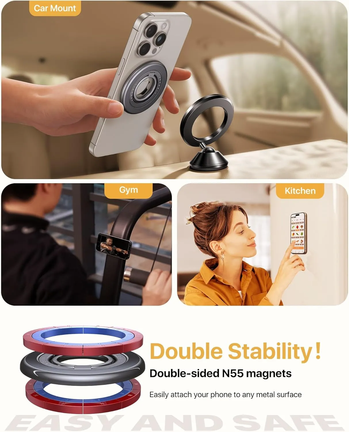 2025 [Sability Max] Magnetic Phone Grip [Rotate Ring & Ultra-Strong Dual-Sided Magnet] iPhone Ring Holder Compatible with MagSafe iPhone 16 Pro Max 15 14 13 12 Samsung S25 etc, Gym Accessories, Grey