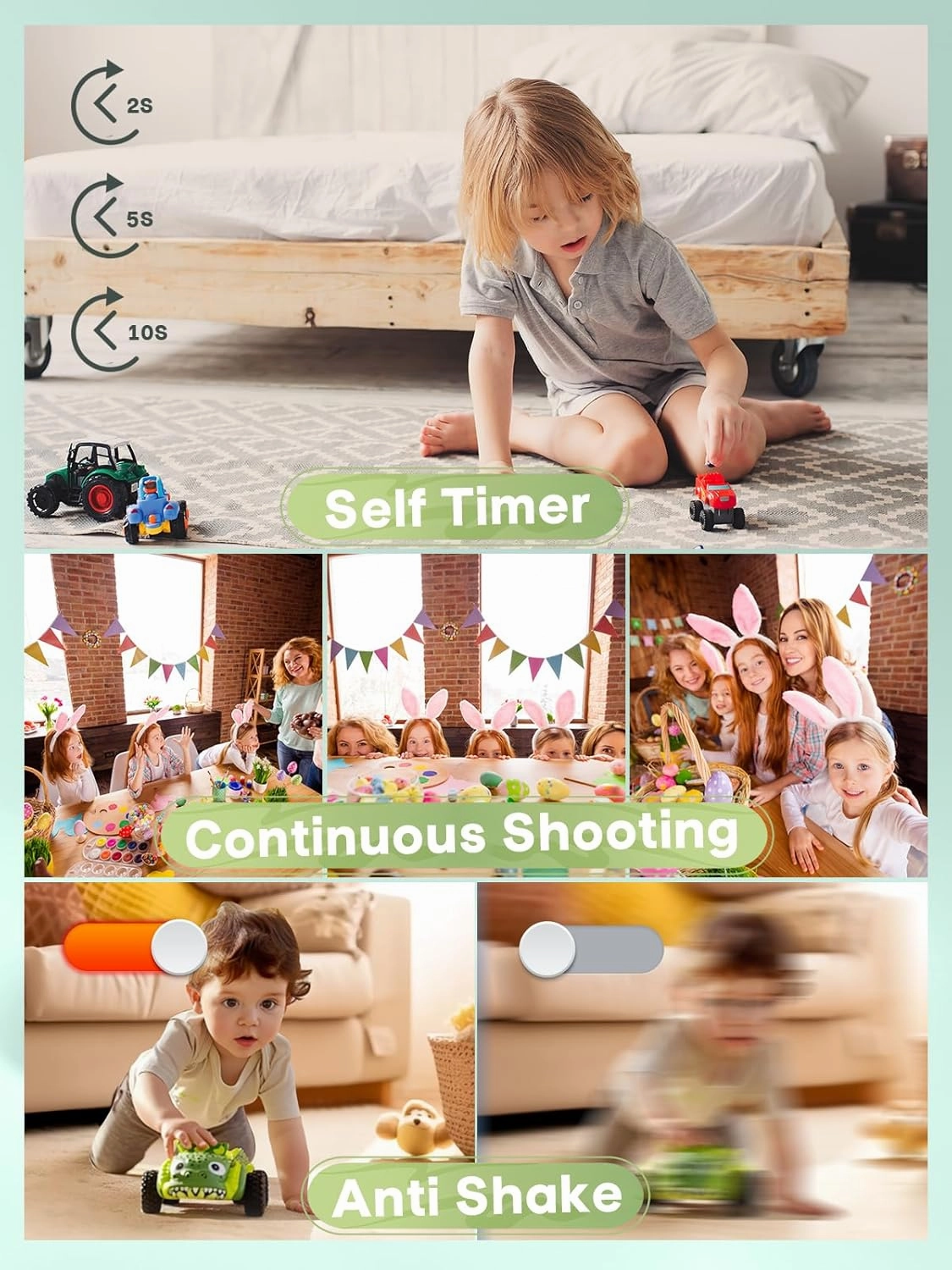 2025 Digital Camera, Kids Camera1080P, Vlog Camera with 64GB Card,16X Zoom Anti Shake, Card Reader, 44MP Compact Portable Small Point Shoot Camera Green Gift for Kid Student Children Teen Girl Boy