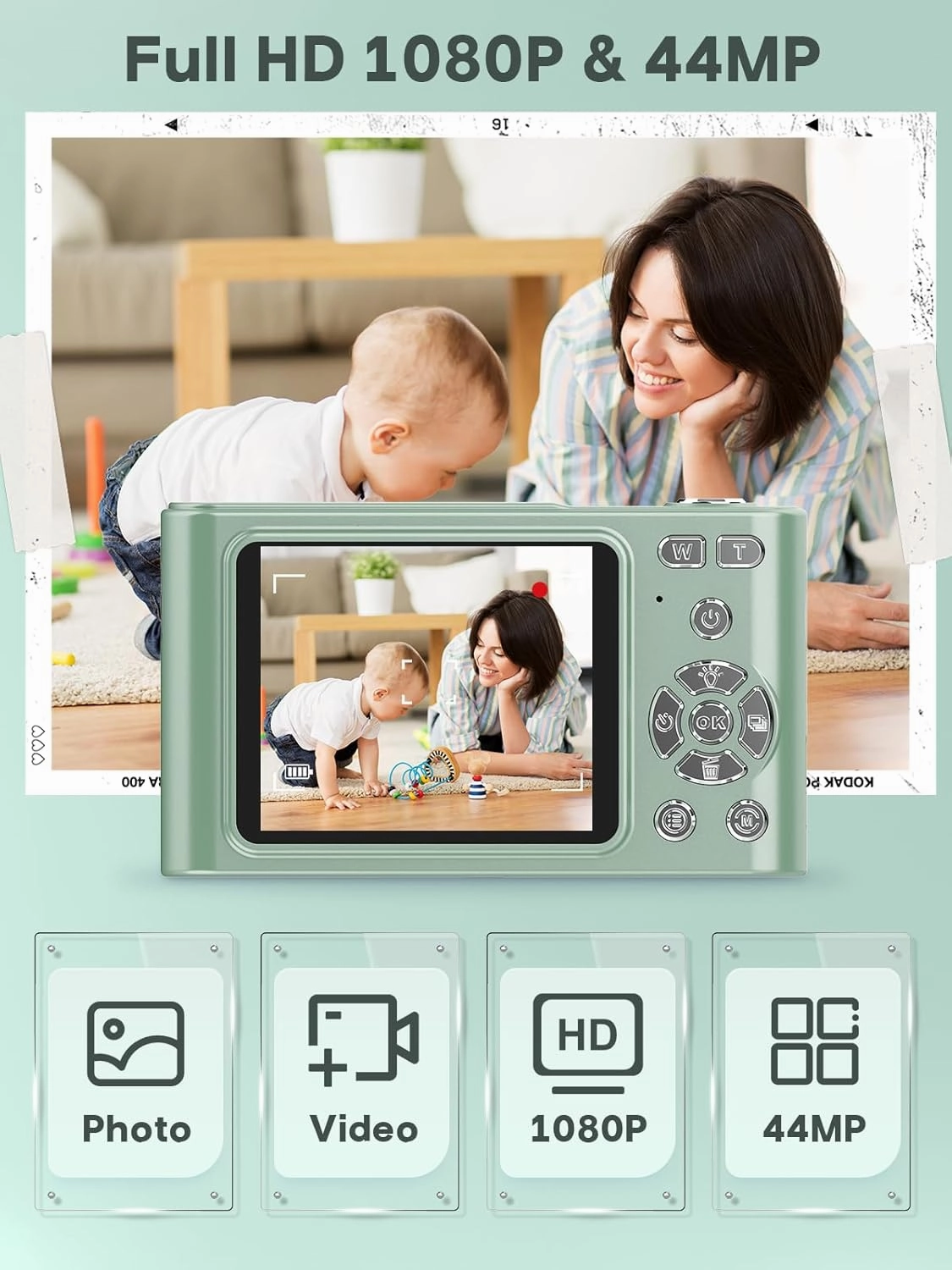 2025 Digital Camera, Kids Camera1080P, Vlog Camera with 64GB Card,16X Zoom Anti Shake, Card Reader, 44MP Compact Portable Small Point Shoot Camera Green Gift for Kid Student Children Teen Girl Boy