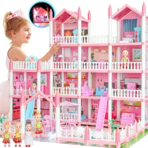 24 Inch Big Doll House Girl Toys Dream Dollhouse 4-Story 15 Rooms Playhouse with 3 Dolls, Lights, Furniture and Accessories, Pretend Play Toddler Doll Houses for Kids 6 7 8  Year Old Gift