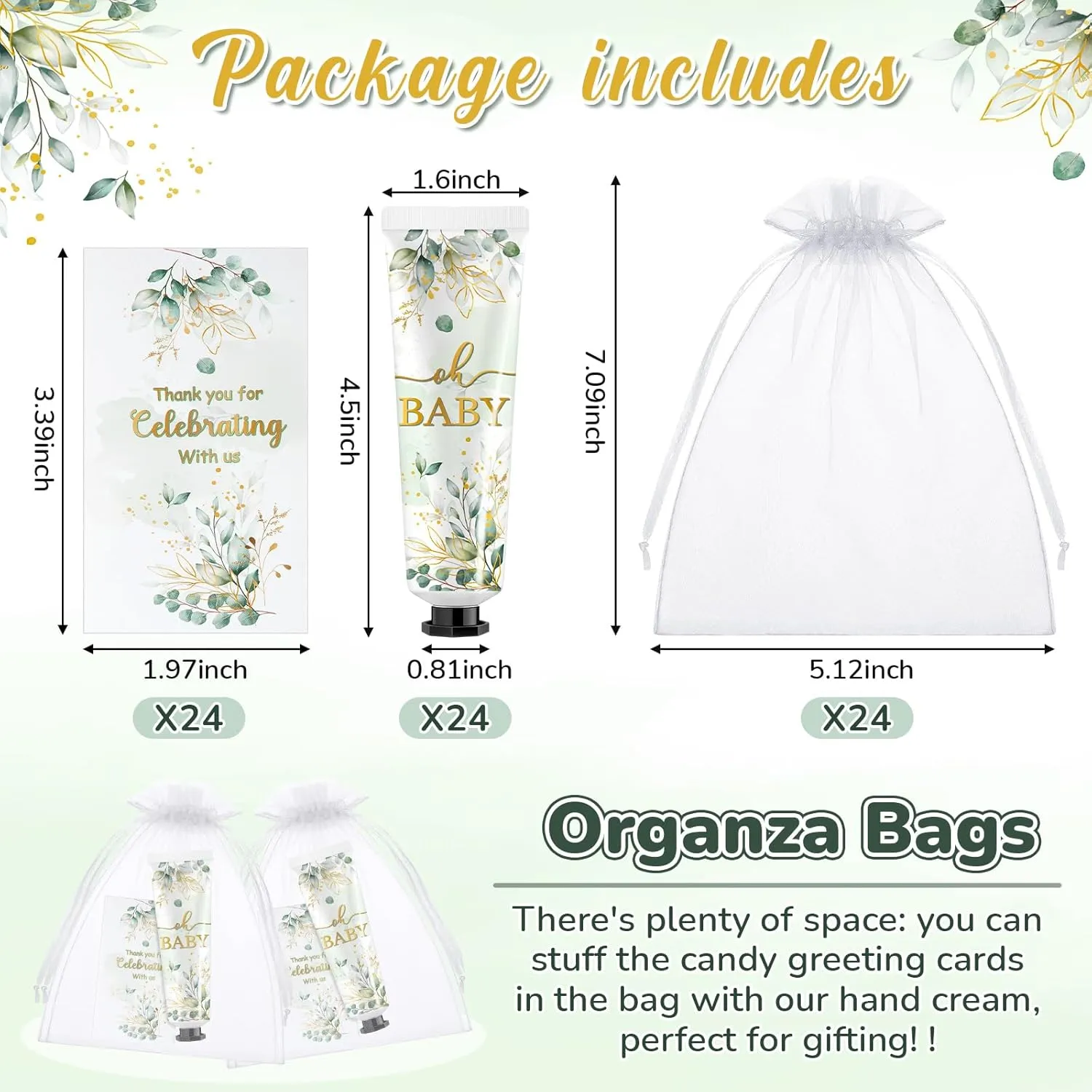 24 Sets Baby Shower Hand Cream Bulk Sage Greenery Shower Favors Bridal Thank You Appreciation Hand Cream for Guests Travel Size Lotion with Organza Bags