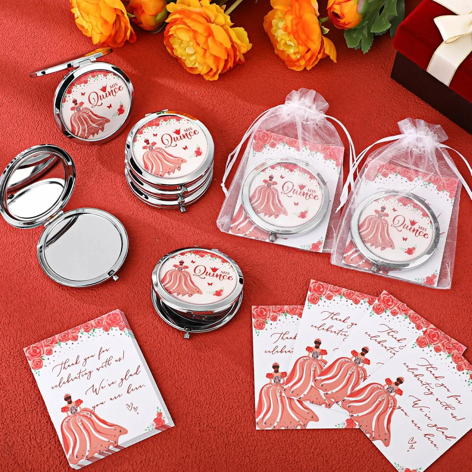 24 Sets Quinceanera Party Favors for Guests Mis Quince Compact Pocket Mirrors and Quinceanera Cards with Organza Bags for 15 Years Sweet Mis Quince Birthday Party Favor (Red)