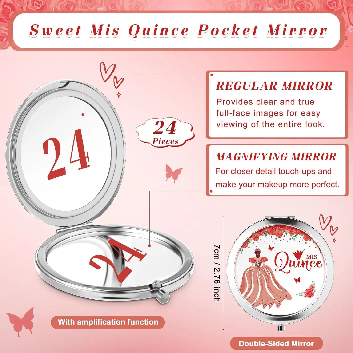 24 Sets Quinceanera Party Favors for Guests Mis Quince Compact Pocket Mirrors and Quinceanera Cards with Organza Bags for 15 Years Sweet Mis Quince Birthday Party Favor (Red)