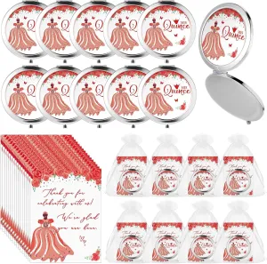 24 Sets Quinceanera Party Favors for Guests Mis Quince Compact Pocket Mirrors and Quinceanera Cards with Organza Bags for 15 Years Sweet Mis Quince Birthday Party Favor (Red)