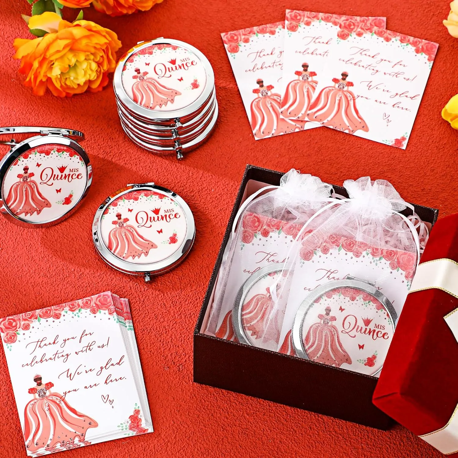 24 Sets Quinceanera Party Favors for Guests Mis Quince Compact Pocket Mirrors and Quinceanera Cards with Organza Bags for 15 Years Sweet Mis Quince Birthday Party Favor (Red)