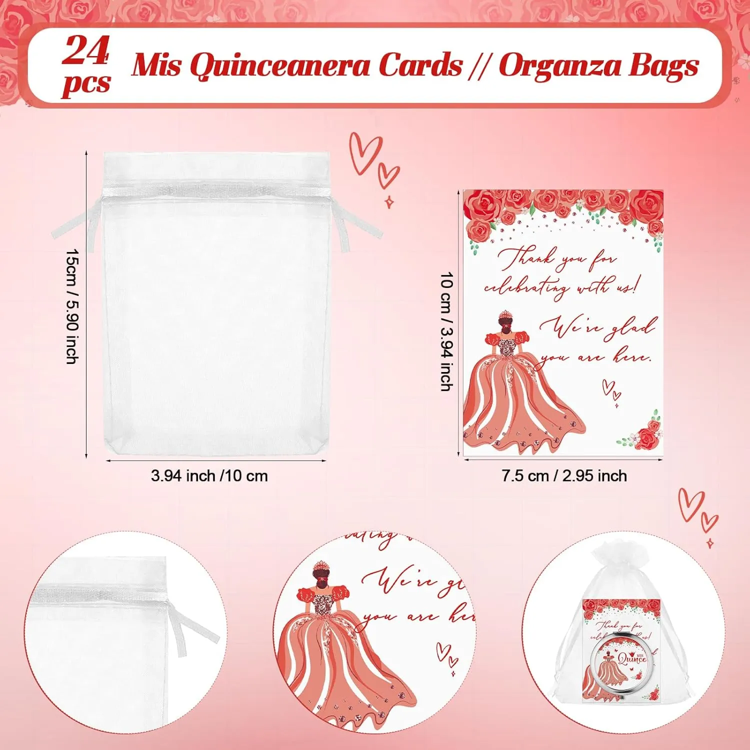24 Sets Quinceanera Party Favors for Guests Mis Quince Compact Pocket Mirrors and Quinceanera Cards with Organza Bags for 15 Years Sweet Mis Quince Birthday Party Favor (Red)