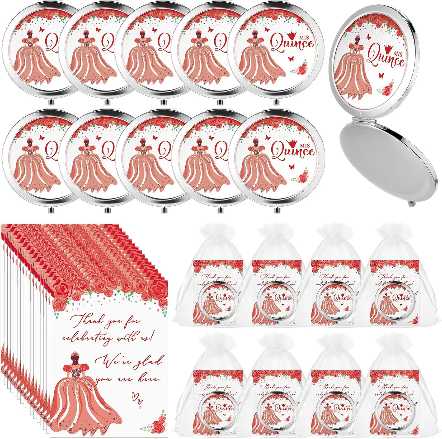 24 Sets Quinceanera Party Favors for Guests Mis Quince Compact Pocket Mirrors and Quinceanera Cards with Organza Bags for 15 Years Sweet Mis Quince Birthday Party Favor (Red)