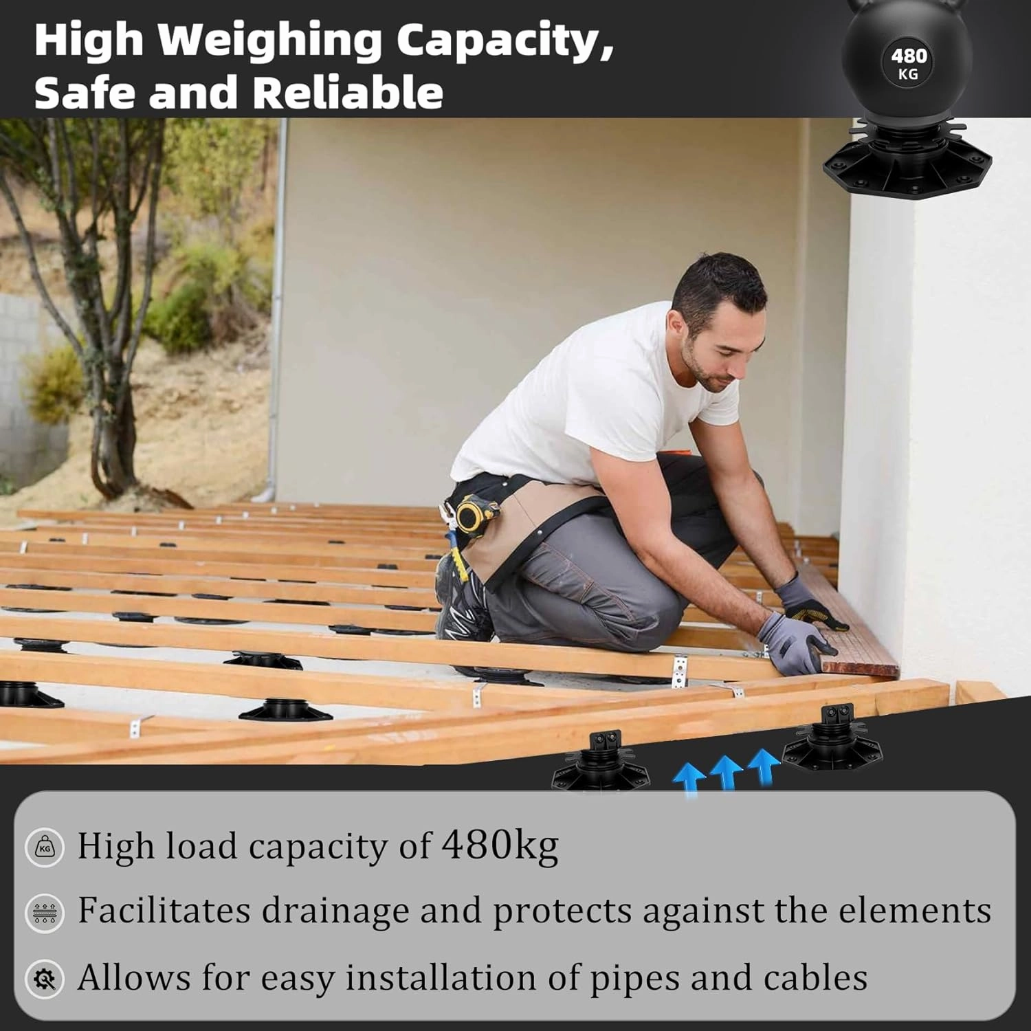 24 Pack Deck Support Pedestal, Deck Support Plastic Adjustable Pedestal Adjustable Height from 1-3/16“ to 2-3/8”, Adjustable Deck Support for WPC Floating Deck Platforms (Unilateral Keel Slot)