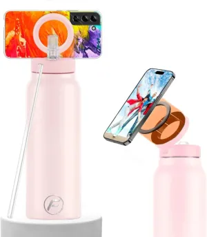 24oz Insulated Tumbler with Magnetic Phone Holder – Stainless Steel, Spill-Proof Lid, Hot & Cold Drink Travel Mug for Car, Office, Gym – Premium(PINK)