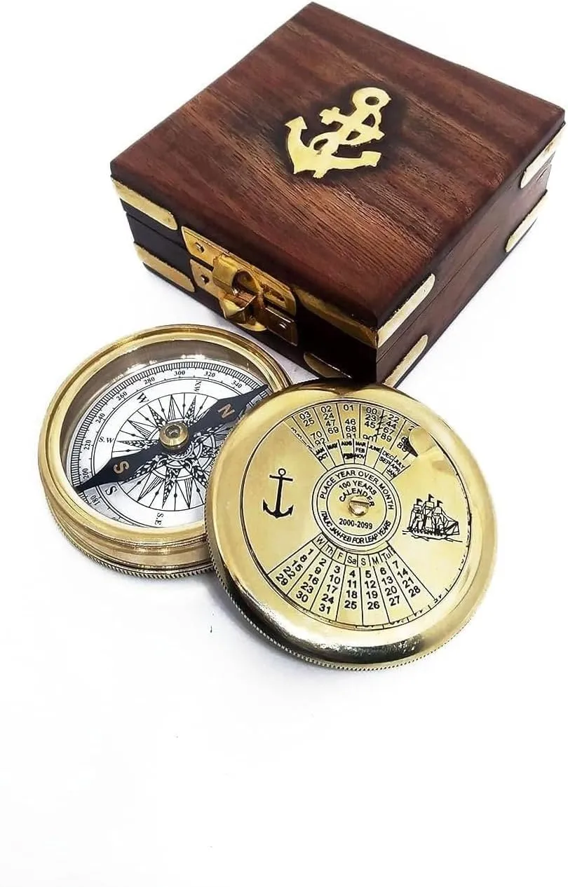 2.5 Inch Nautical Brass Pocket Compass with 100 Years Calender (Put Month Over Year) Maritime with Wooden Case Rustic Nautical Collectible with Golden Finish by New Lite Hub.