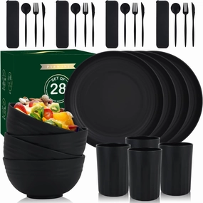 28-Piece Wheat Straw Dinnerware Sets, Microwave & Dishwasher Safe Unbreakable Dinnerware Set, Reusable Dishware Sets, Lightweight Camping Dishes, Plates, Cups, Cereal Bowls for 4（Black）