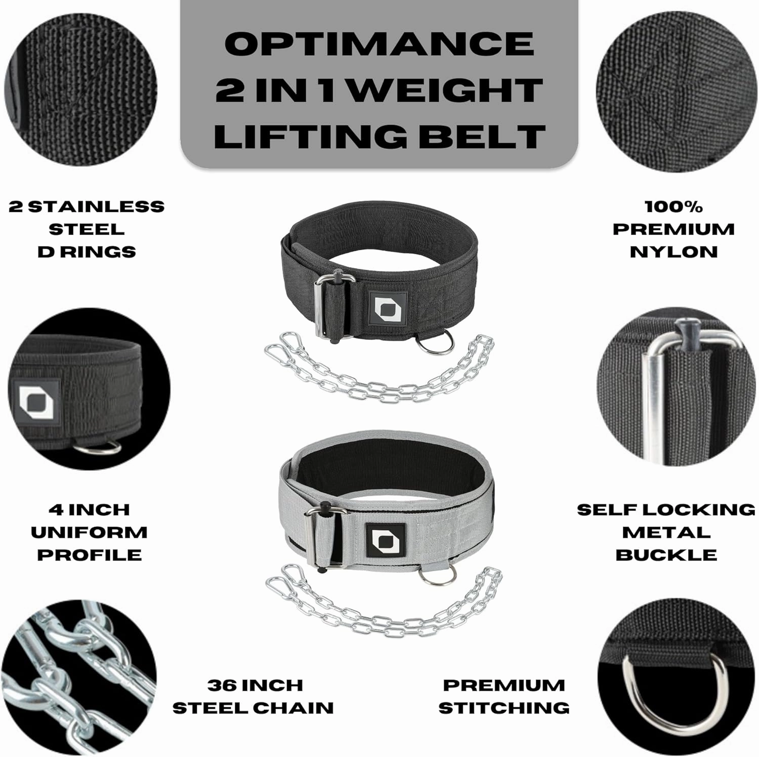 2-in-1 Multi Purpose Weight Lifting Belt & Weighted Dip Belt - Functional Exercise, Strength Training, Powerlifting, Deadlift, Squat, Olympic Lifts - Weighted Dips, Chin-ups, Pull-ups 100% Nylon