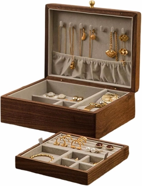 2-Layer Solid Walnut Wooden Jewelry Box - Vintage Velvet Wood Jewelry Case - Jewelry Holder Organizer Storage for Earrings Rings Necklaces Bracelet Watch Gift Case - 9.7 x 7.3 x 3.3 Inches,A