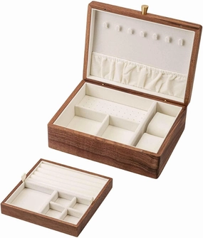 2-Layer Solid Walnut Wooden Jewelry Box - Vintage Velvet Wood Jewelry Case - Jewelry Holder Organizer Storage for Earrings Rings Necklaces Bracelet Watch Gift Case - 9.7 x 7.3 x 3.3 Inches,C