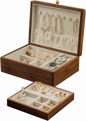 2-Layer Solid Walnut Wooden Jewelry Box - Vintage Velvet Wood Jewelry Case - Jewelry Holder Organizer Storage for Earrings Rings Necklaces Bracelet Watch Gift Case(B)