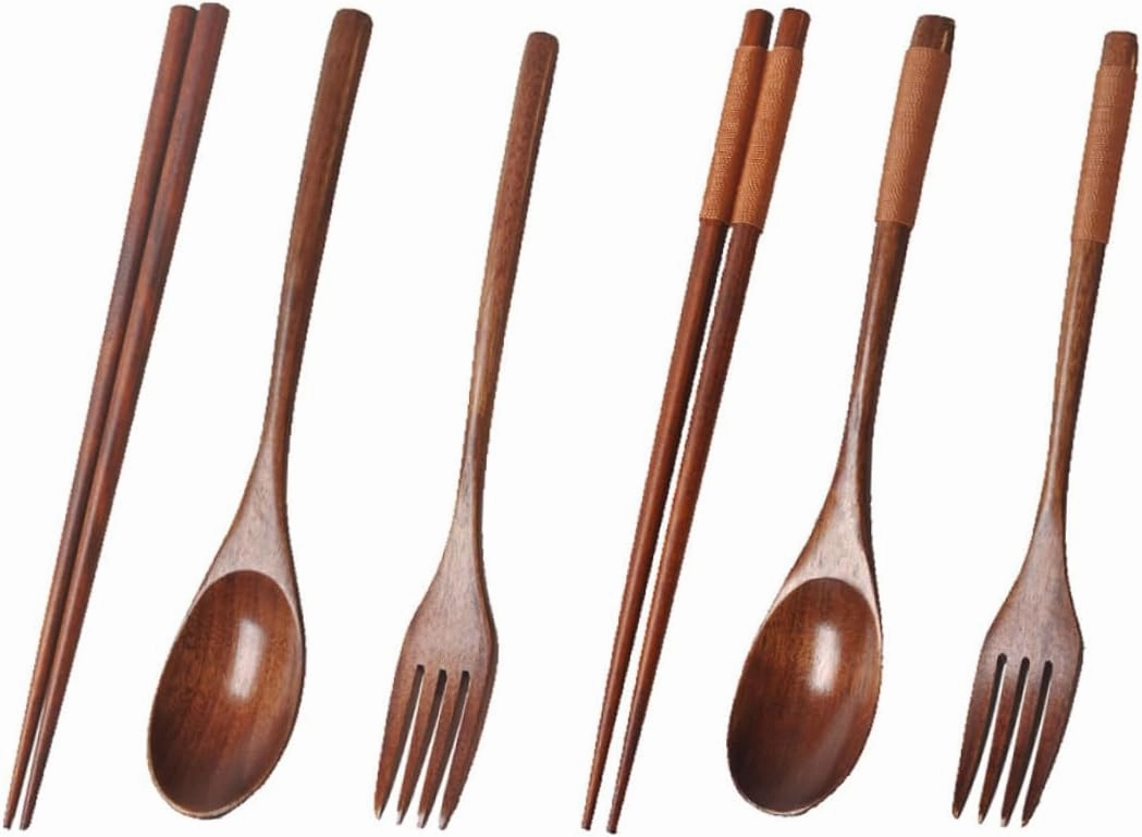 2 Sets Portable Wooden Tableware of Cutlery with Spoons Forks and Chopsticks for Camping Bbq Parties and Home Use Dining