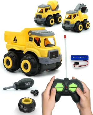 3-in-1 Build N Drive RC Truck - Take Apart Toy Building Kit for Boys - 20pc STEM Set, Car Building Toys for Kids 3-6 - Crane, Cement Mixer and Dump Truck
