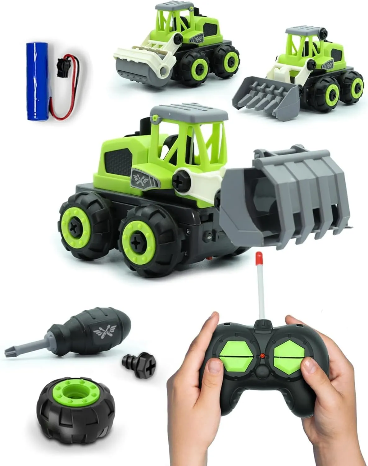 3-in-1 Build N Drive RC Truck - Take Apart Toy Building Kit for Boys - 20pc STEM Set, Car Building Toys for Kids 3-6 - Rocket Bucket, Roller and Grapple Trucks