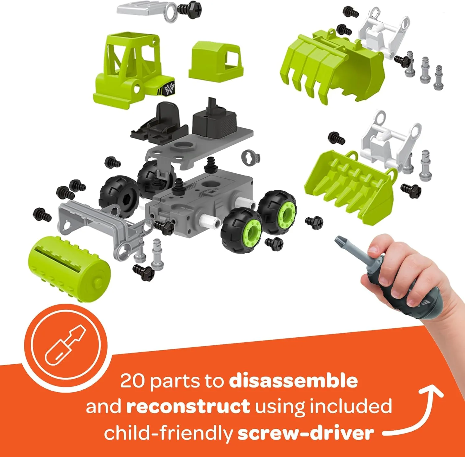 3-in-1 Build N Drive RC Truck - Take Apart Toy Building Kit for Boys - 20pc STEM Set, Car Building Toys for Kids 3-6 - Rocket Bucket, Roller and Grapple Trucks