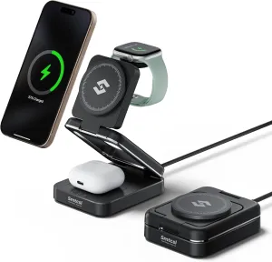3 in 1 Foldable Mag-Safe Charging Station: Wireless Charger Compatible with iPhone 16 15 14 13 12 Series/Apple Watch/Airpods - Portable Folding Magnetic Stand for Multiple Devices Travel