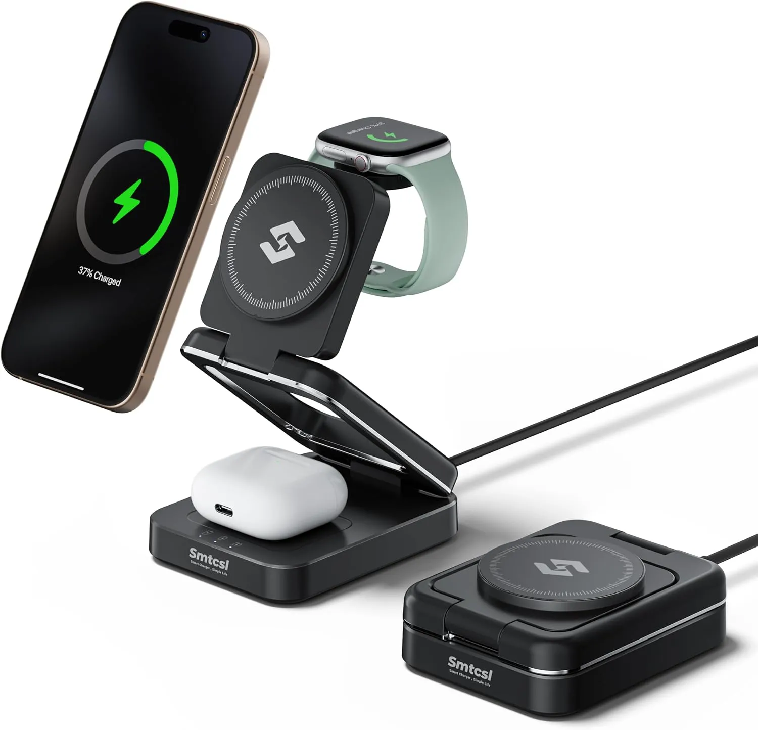 3 in 1 Foldable Mag-Safe Charging Station: Wireless Charger Compatible with iPhone 16 15 14 13 12 Series/Apple Watch/Airpods - Portable Folding Magnetic Stand for Multiple Devices Travel
