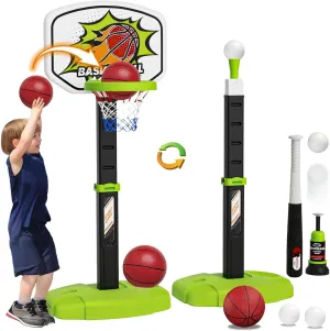 3 in 1 Toddler Basketball Hoop and Tee Ball Set for Boys: Kids Baseball Tee with Automatic Pitching Machine Adjustable Height Indoor and Outdoor Sports Toys for Boy Age 1-8